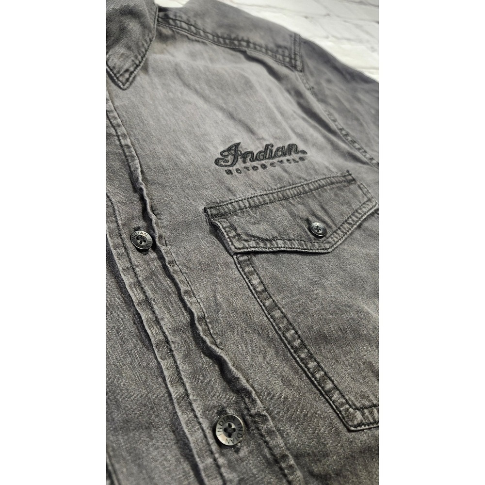 Indian Motorcycle Mens Gray Acid Wash Denim Button Down Shirt Large Graphic M - Picture 3 of 11